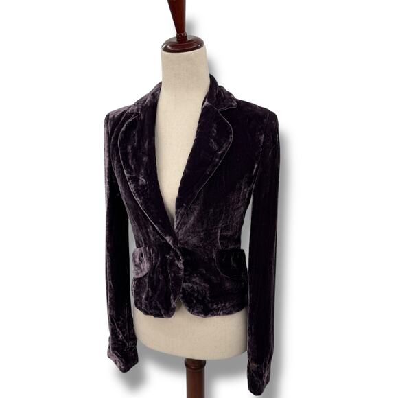 BCBG MaxAzria Dark Purple Velvet Blazer Size XS Button Front Jacket Silk Blend - Picture 1 of 9